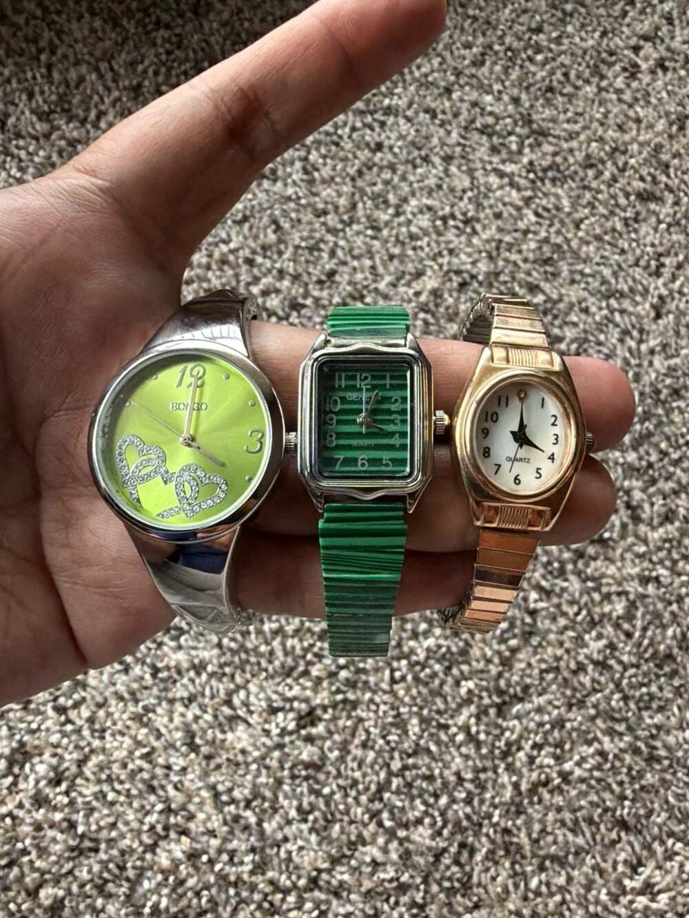 Lot of 3 Bongo Silver Tone, Bangle Watch with Lime Green Rhinestone Heart Dial